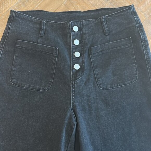 Addkaka Wide Leg High Rise Exposed Button Fly Wide Leg Culotte Stretch Jeans - Picture 5 of 9